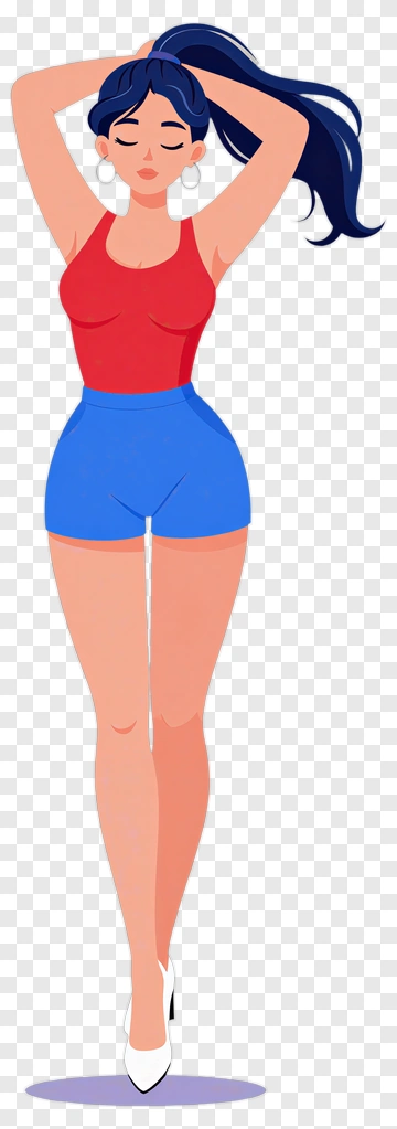 Stylish Woman In Red Top And Blue Shorts PNG