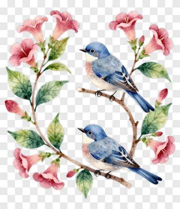 Bluebirds With Pink Flowers PNG