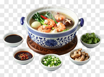 Shrimp Hot Pot With Fresh Vegetables And Dipping Sauces PNG