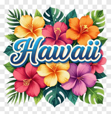 Colorful Hibiscus Flowers With Hawaii Text PNG