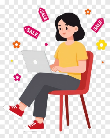 Cartoon Woman Working On A Laptop With Sale Tags PNG