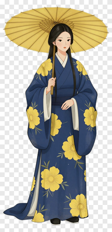 Woman In Traditional Kimono Holding A Yellow Parasol PNG