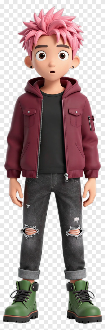 3D Cartoon Boy With Pink Hair And Green Boots PNG