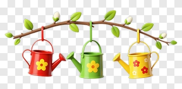 Colorful Watering Cans Hanging On A Branch PNG