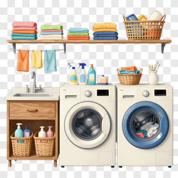 Laundry Room With Washing Machines And Cleaning Supplies PNG