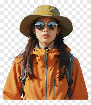 Young Woman In Orange Jacket And Hat PNG
