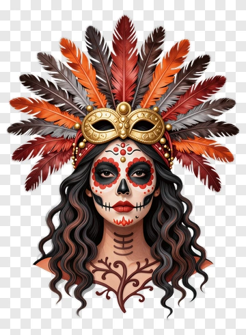 Woman With Colorful Feathered Headdress And Face Paint PNG