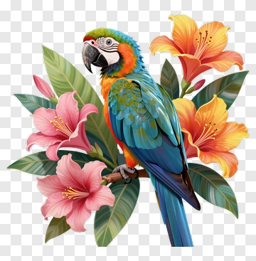 Colorful Parrot Sitting Among Tropical Flowers PNG
