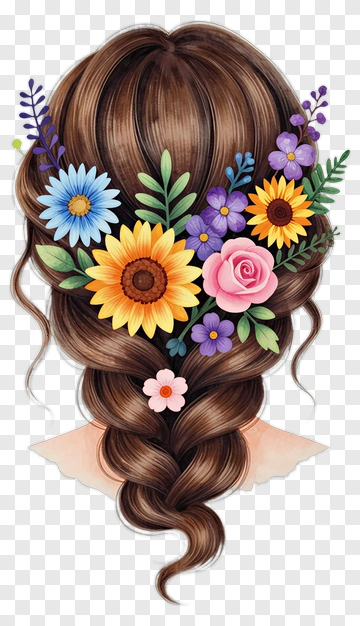 Braided Hair With Colorful Flowers PNG