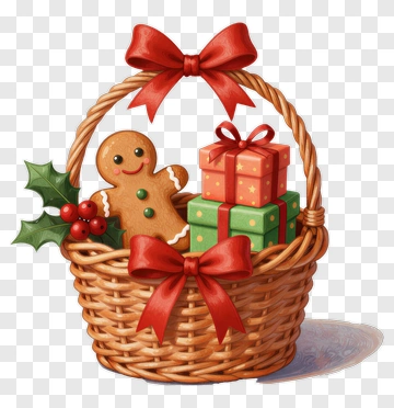Christmas Basket With Gingerbread Man And Presents PNG