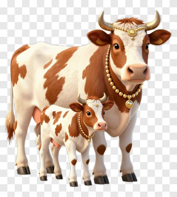 Cartoon Cow And Calf With Jewelry PNG