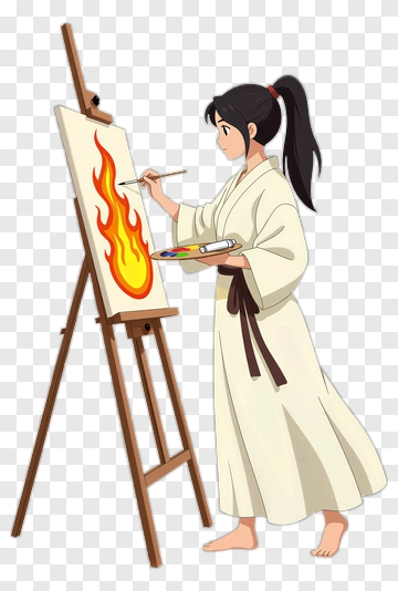 Anime Artist Painting Flames On Canvas PNG