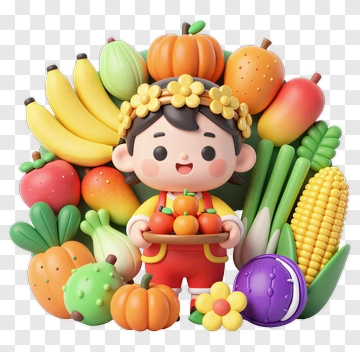 Cartoon Child Holding A Basket Of Fruits And Vegetables PNG