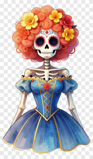 Cartoon Sugar Skull Woman In Blue Dress PNG