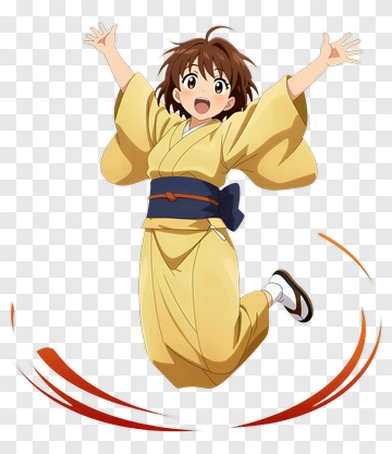 Happy Girl Jumping In A Yellow Kimono PNG
