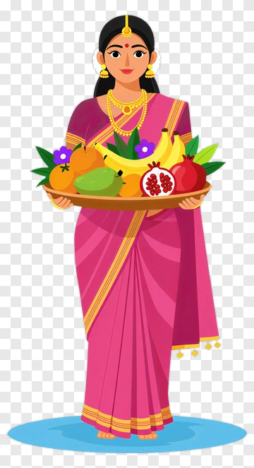 Woman In Pink Saree Holding A Basket Of Fruits PNG