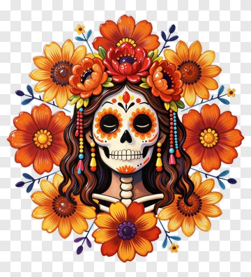 Colorful Sugar Skull With Flowers PNG