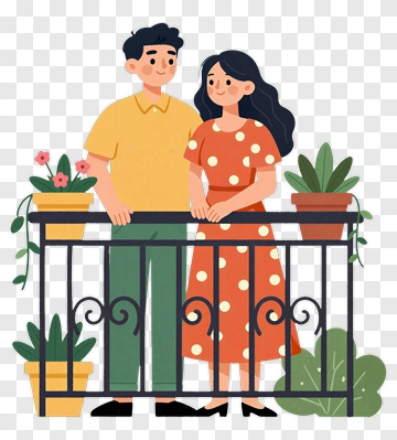 Couple Standing On A Balcony With Plants PNG