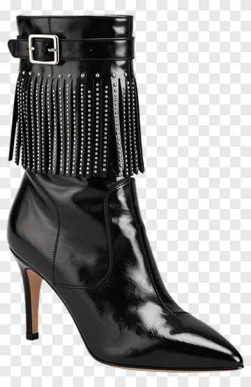 Black High Heeled Boot With Fringe Detail PNG