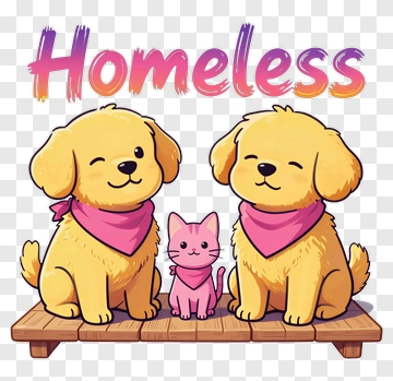 Cartoon Dogs And Cat With Homeless Message PNG
