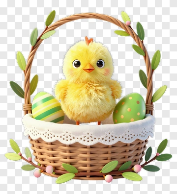 Cute Chick In An Easter Basket With Colorful Eggs PNG