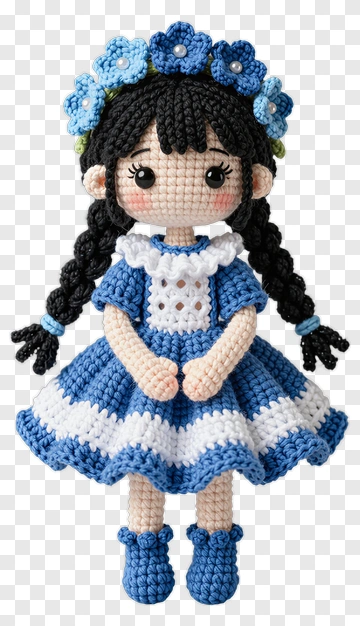 Crochet Doll With Blue Dress And Flower Crown PNG