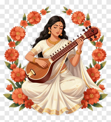 Woman Playing A Musical Instrument Surrounded By Flowers PNG