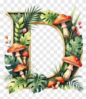 Floral Letter D With Mushrooms And Leaves PNG