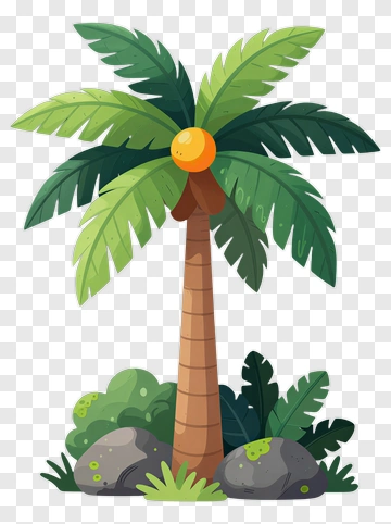 Cartoon Palm Tree With Green Leaves And Orange Fruit PNG