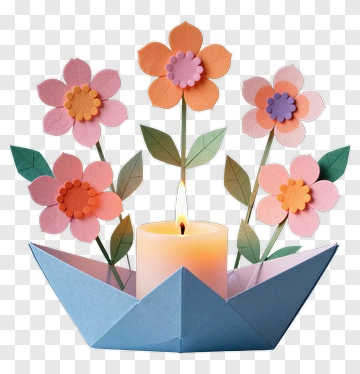 Colorful Paper Flower Arrangement With Candle PNG
