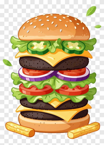 Colorful Hamburger With Vegetables And Fries PNG