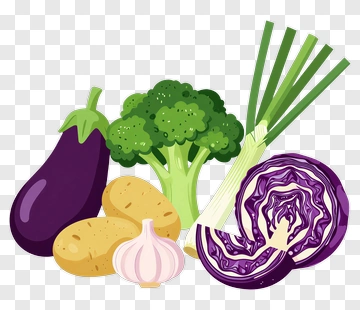 Colorful Vegetables Including Broccoli, Eggplant, And Garlic PNG