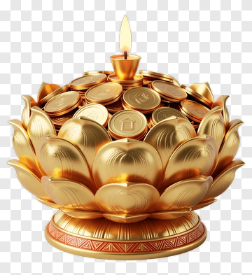 Golden Lotus Flower With Coins And Candle PNG