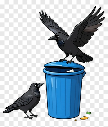 Cartoon Crows Near A Blue Trash Can PNG