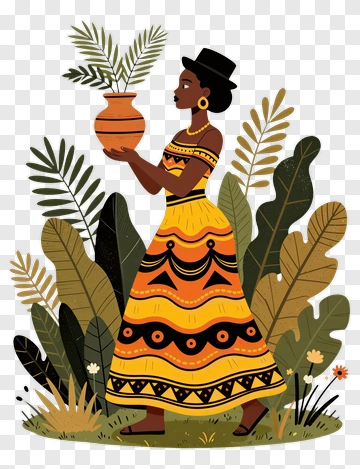Woman Holding A Pot In A Colorful Dress PNG