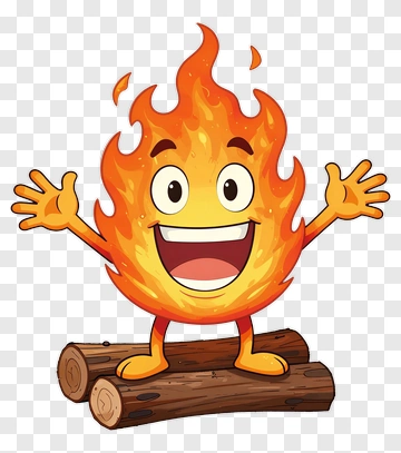 Cartoon Flame Character Standing On Logs PNG