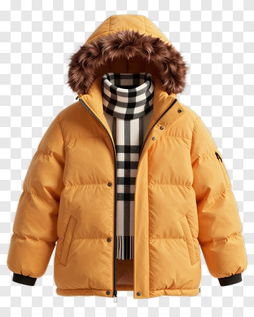 Yellow Puffer Jacket With Fur Hood PNG