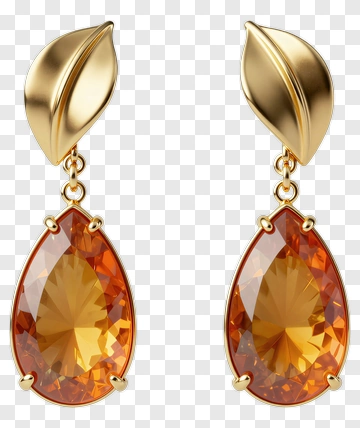 Gold Leaf Earrings With Amber Gemstones PNG