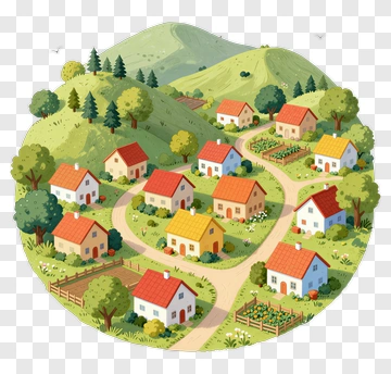 Colorful Village Landscape With Houses And Green Hills PNG