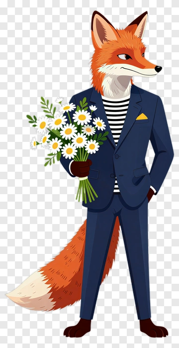 Fox Wearing A Suit Holding A Bouquet Of Flowers PNG