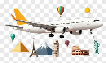 Airplane With Famous Landmarks And Hot Air Balloons PNG