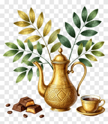 Golden Teapot With Chocolate And Coffee Beans PNG