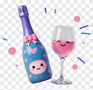 Cartoon Champagne Bottle And Glass With Pink Drink PNG