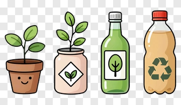 Cartoon Plant Pots And Recyclable Bottles PNG