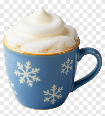 Blue Mug With Snowflakes And Creamy Foam PNG