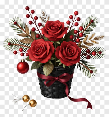 Christmas Floral Arrangement With Red Roses PNG