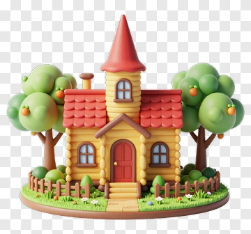 Colorful 3D House Surrounded By Trees PNG