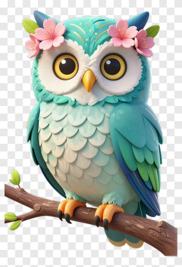 Cartoon Owl With Flowers On A Branch PNG