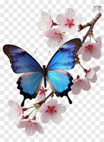 Blue Butterfly On Cherry Blossom Branch PNG