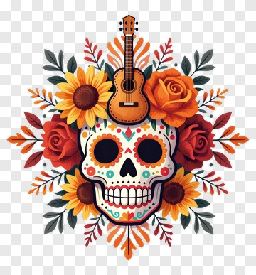 Colorful Sugar Skull With Flowers And Guitar PNG